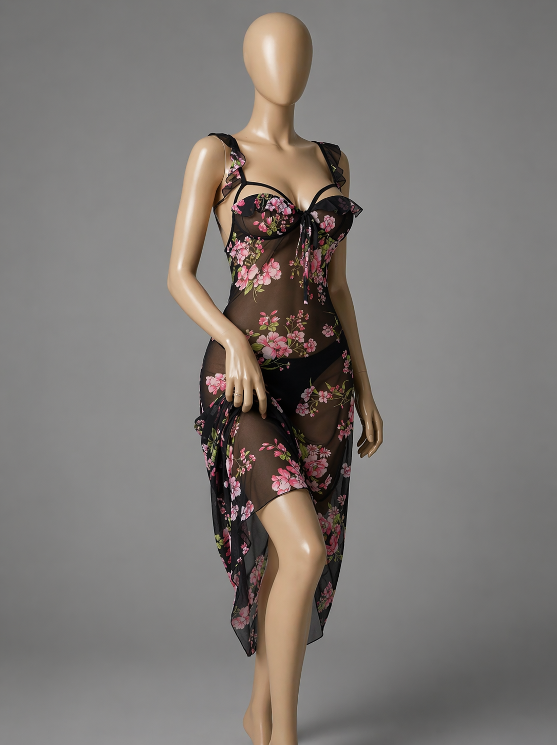 Midnight Bloom 2-Piece Floral Mesh Lingerie Set