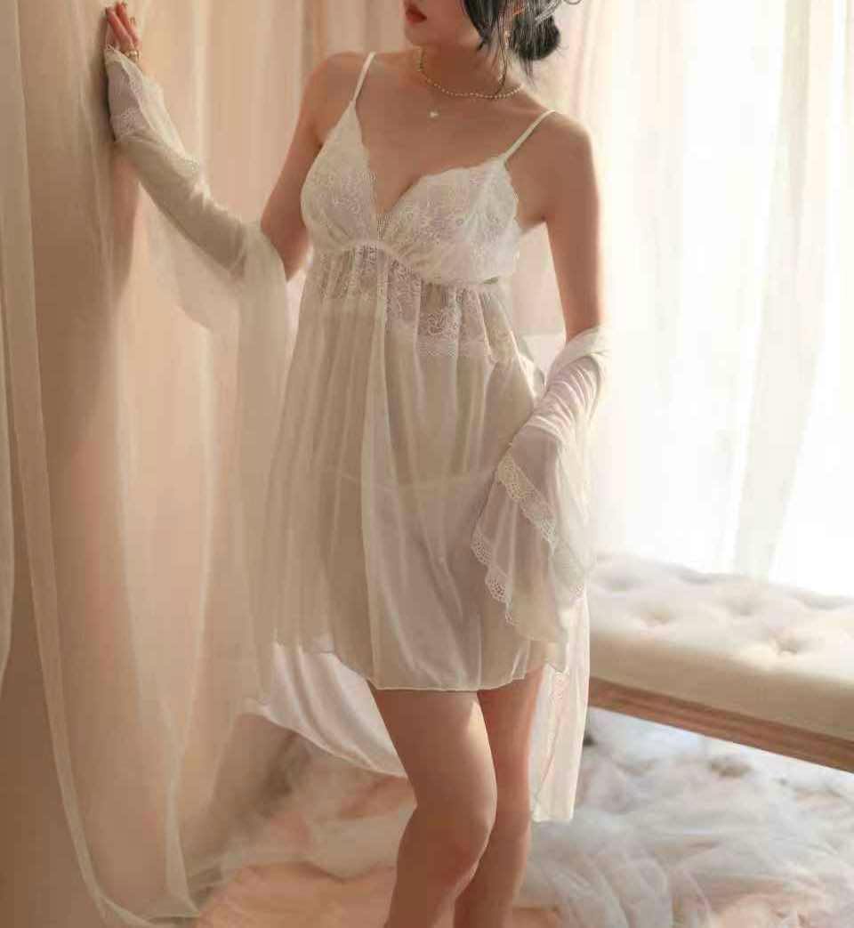 Elegant 3-Transparent Lace Lingerie Set with Robe