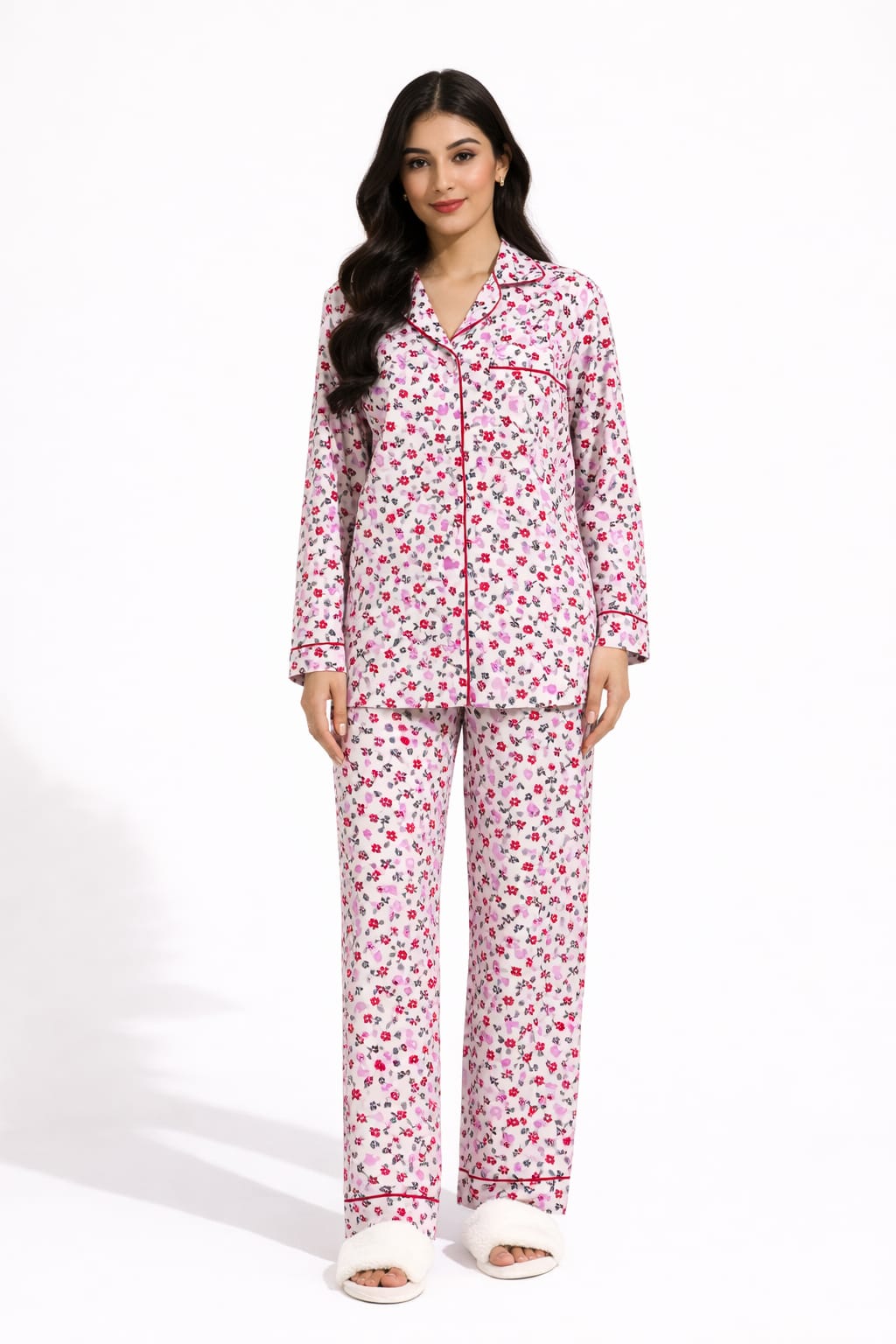 Rosy Bloom Elegance Printed Linen Pajama Suit