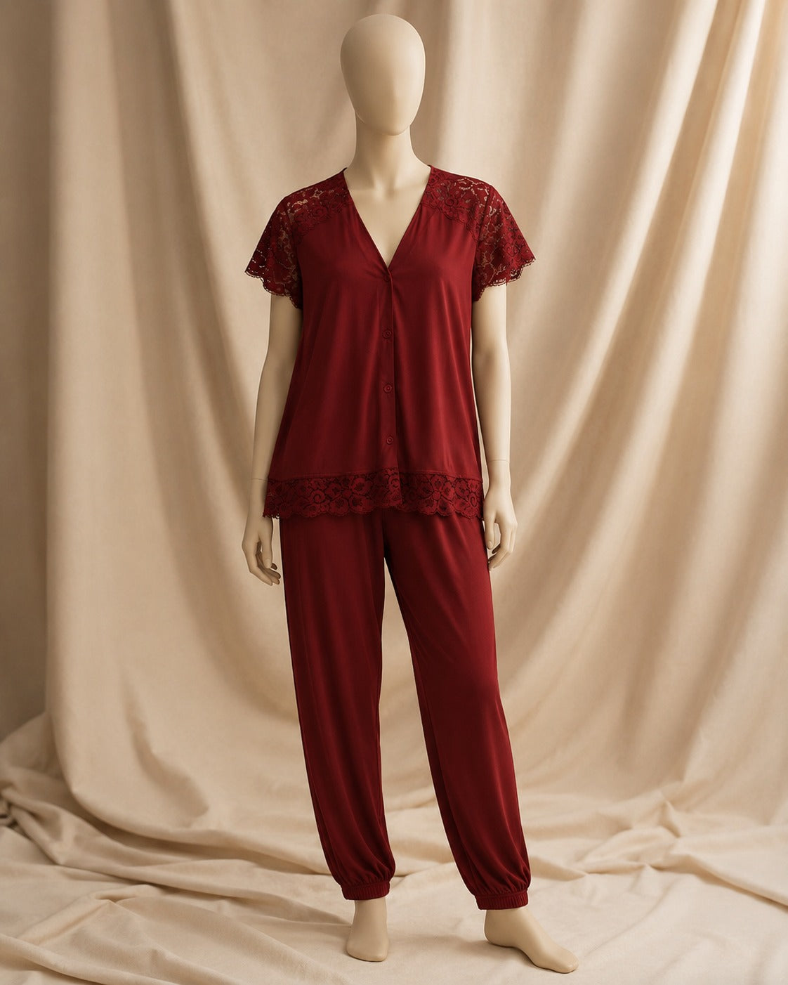 2 Pieces Lace Silk Night Suit Shirt Trouser