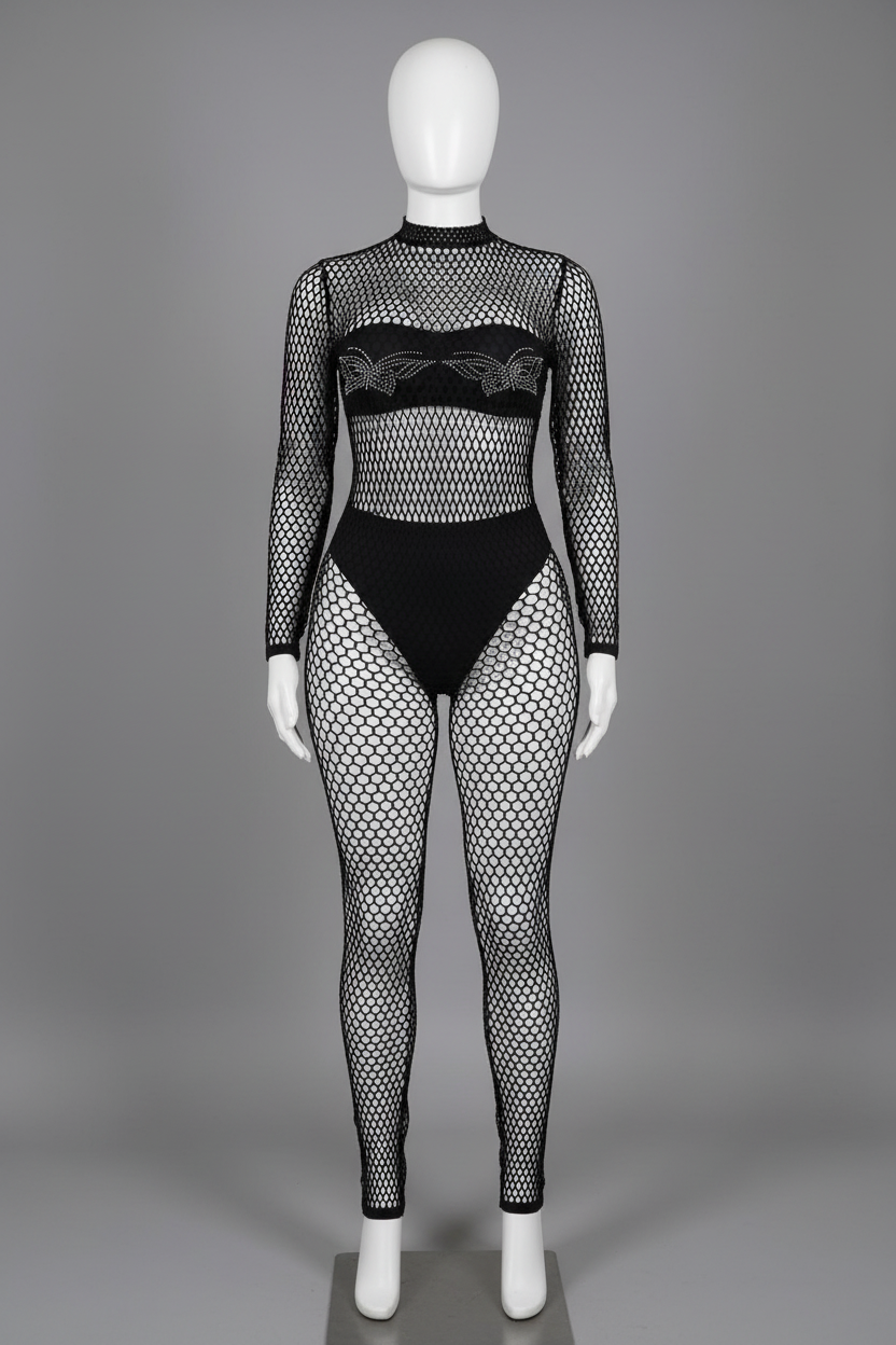 Black Fishnet Jumpsuit on Mannequin