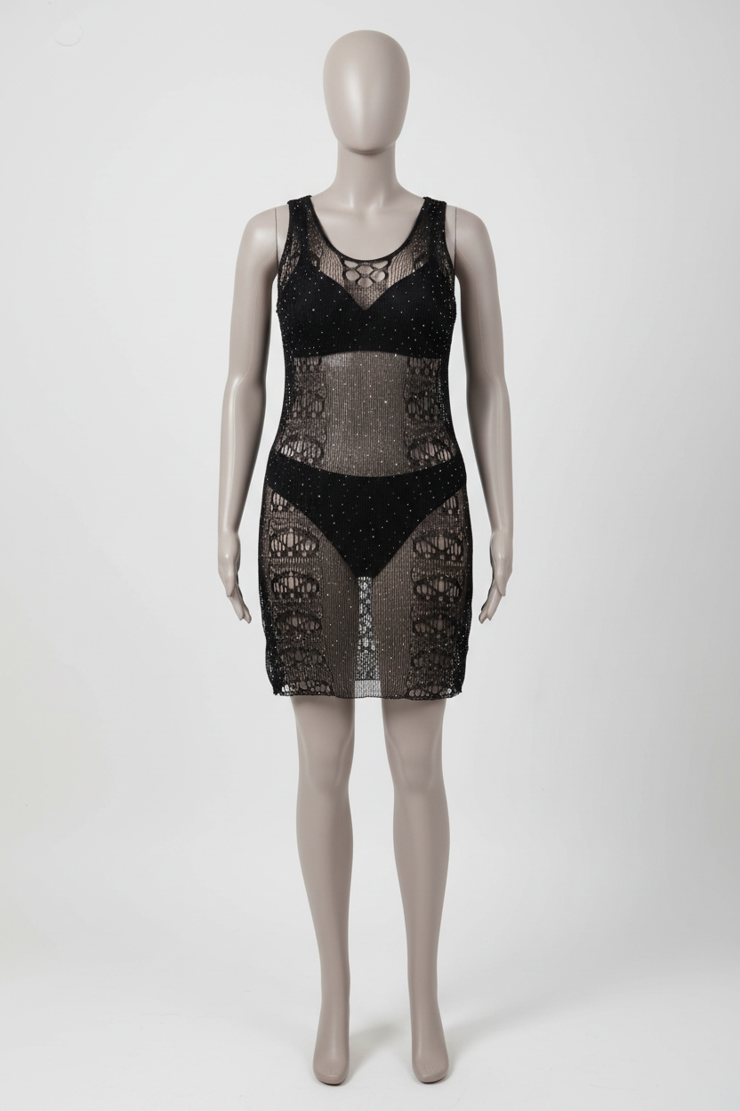 Black Fishnet Rhinestone Bodysuit on Mannequin
