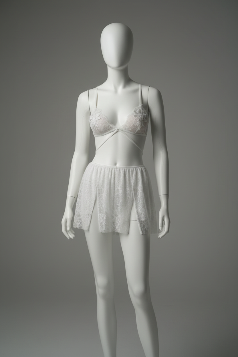 White Lace Bralette and Skirt Shorts Set on mannequin with grey background