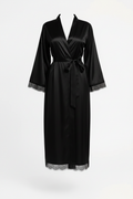 Black Satin Lace Trim Long Robe on Mannequin