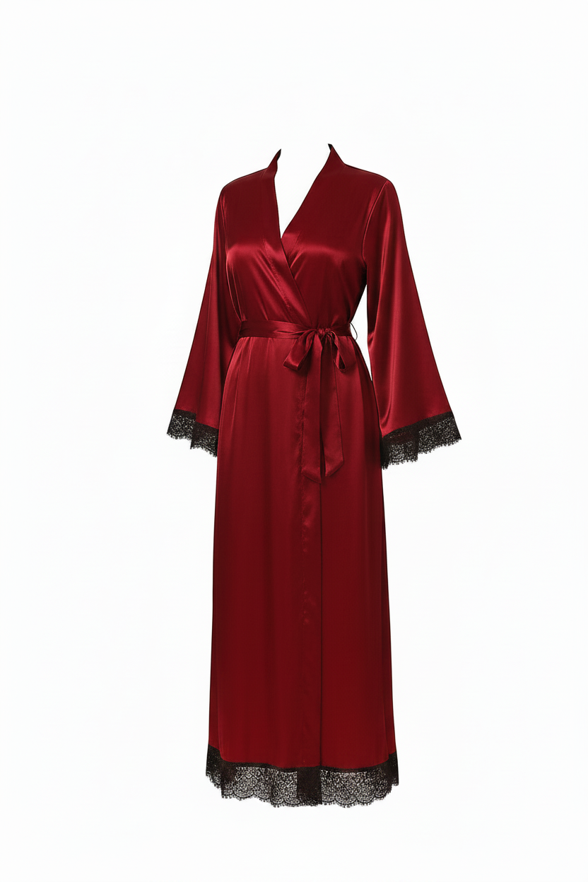Burgundy Satin Lace Trim Long Robe on Mannequin