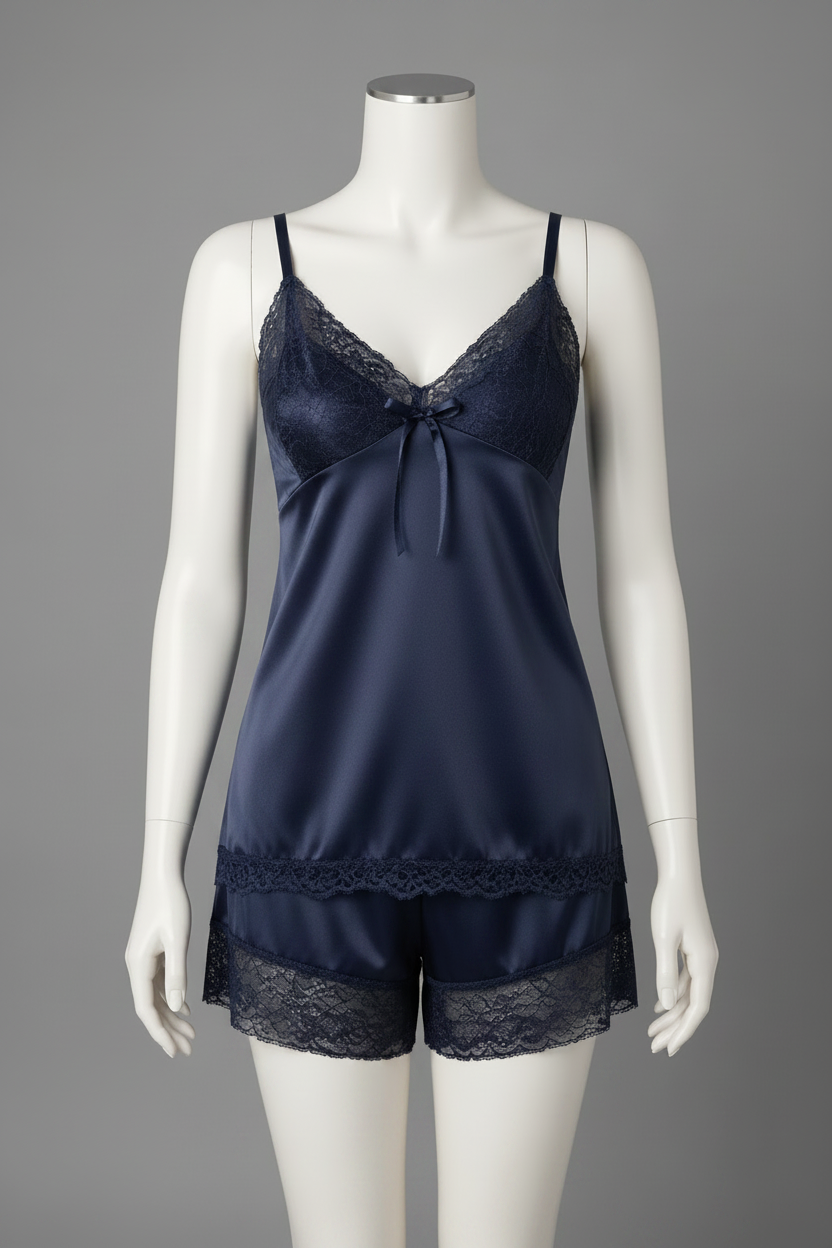 Secret Blush Two Pieces Silk Short Camiset - Blue