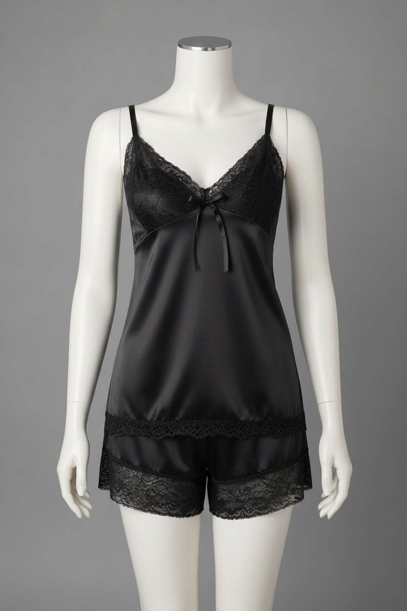 Secret Blush Two Pieces Silk Short Camiset - Black