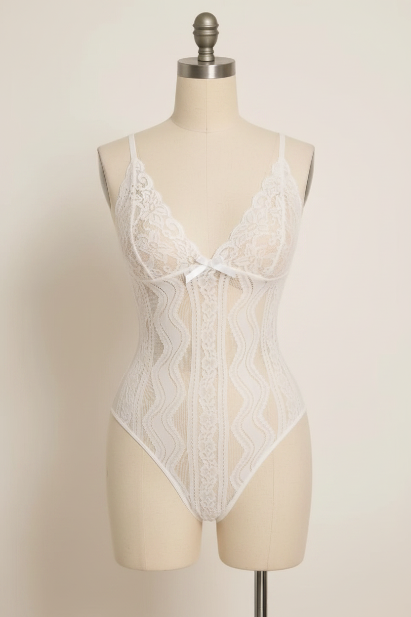 White Lace Bodysuit on Mannequin – Grey Background